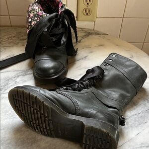 Dr. Martens Black Combat Boots with Floral Collar and Satin Laces size 8